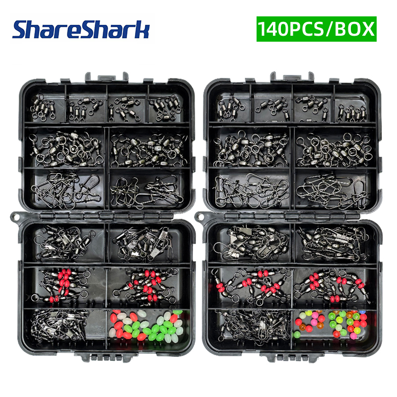 Fishing Hook Offset - ShareShark 140個釣りアクセサリーセット、ルアーフィッシングスイベルストッパービーズ（ブラックボックス付き）、釣り人向け