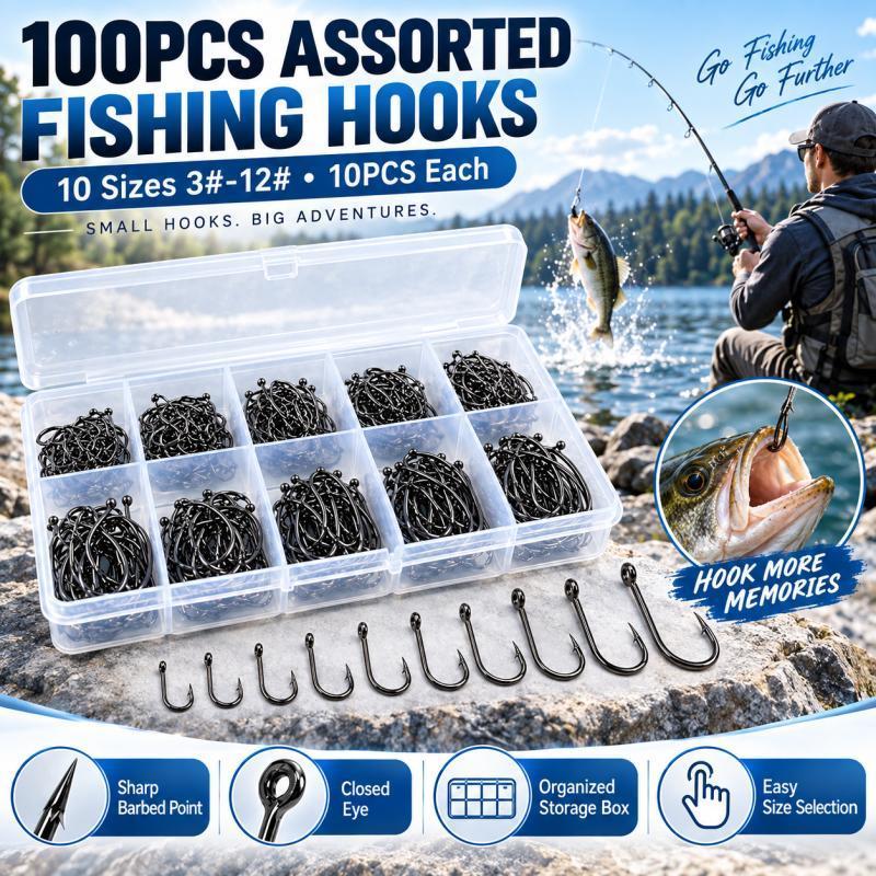 Fishing Hook Assortment - 100個入り、10種類のサイズのバーブ付き釣り針セット # -12 # バスやトラウト釣り用の、さまざまな種類の淡水用釣り針と収納ボックスのセット