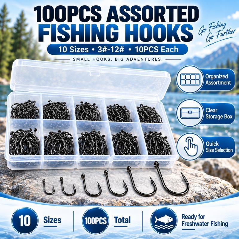 100個入り、10種類のサイズのバーブ付き釣り針セット #  - Fishing Hook Assortment のレビューと価格